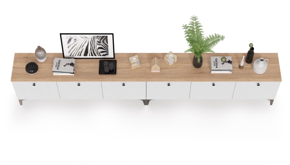 СНЯТО НСН Тумба под ТВ 13.267.03 + 13.267.03, цвет белый шагрень/альберо/фасады МДФ милк софт, ШхГхВ 276,8х34,9х53,6 см., ун. сб.,