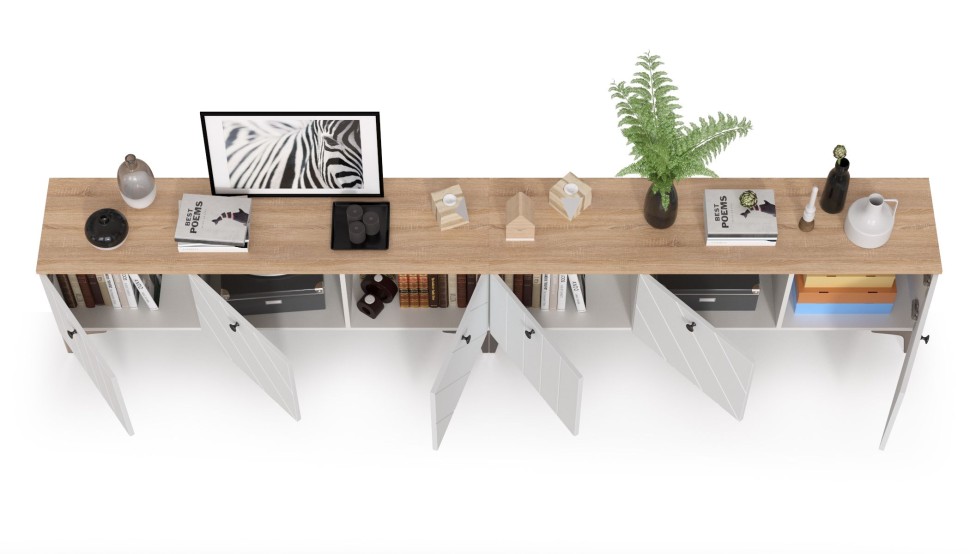 СНЯТО НСН Тумба под ТВ 13.267.03 + 13.267.03, цвет белый шагрень/альберо/фасады МДФ милк софт, ШхГхВ 276,8х34,9х53,6 см., ун. сб.,