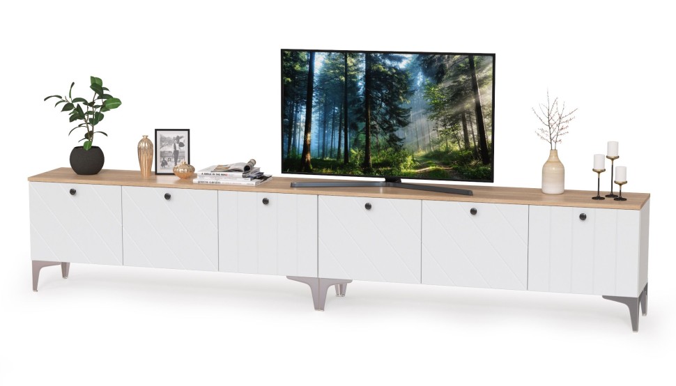 СНЯТО НСН Тумба под ТВ 13.267.03 + 13.267.03, цвет белый шагрень/альберо/фасады МДФ милк софт, ШхГхВ 276,8х34,9х53,6 см., ун. сб.,