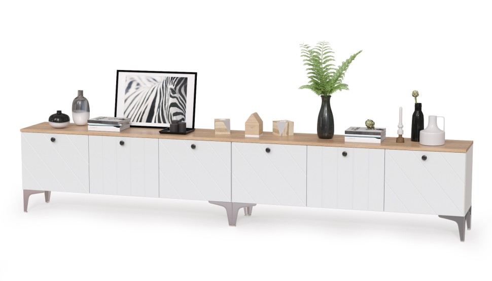 СНЯТО НСН Тумба под ТВ 13.267.03 + 13.267.03, цвет белый шагрень/альберо/фасады МДФ милк софт, ШхГхВ 276,8х34,9х53,6 см., ун. сб.,