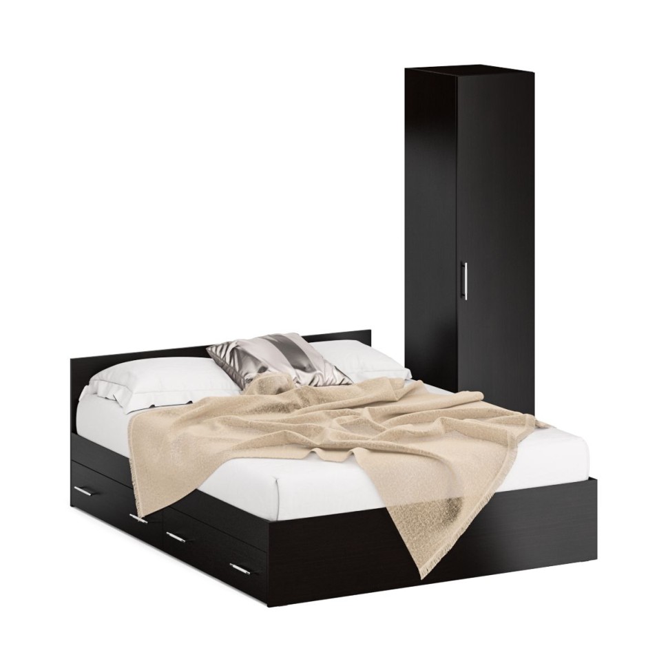 Кровать с ящиками 1600 + Пенал Стандарт, цвет венге, ШхГхВ 163,5х203,5х70 + 45х52х200 см., сп.м. 1600х2000 мм., без матраса, основание есть