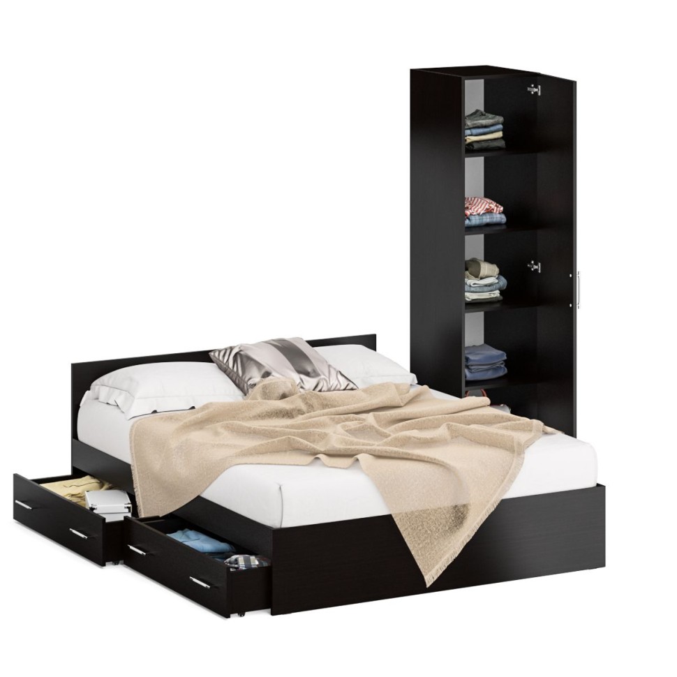 Кровать с ящиками 1600 + Пенал Стандарт, цвет венге, ШхГхВ 163,5х203,5х70 + 45х52х200 см., сп.м. 1600х2000 мм., без матраса, основание есть