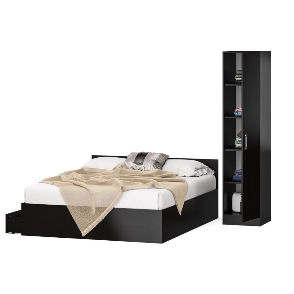 Кровать с ящиками 1600 + Пенал Стандарт, цвет венге, ШхГхВ 163,5х203,5х70 + 45х52х200 см., сп.м. 1600х2000 мм., без матраса, основание есть