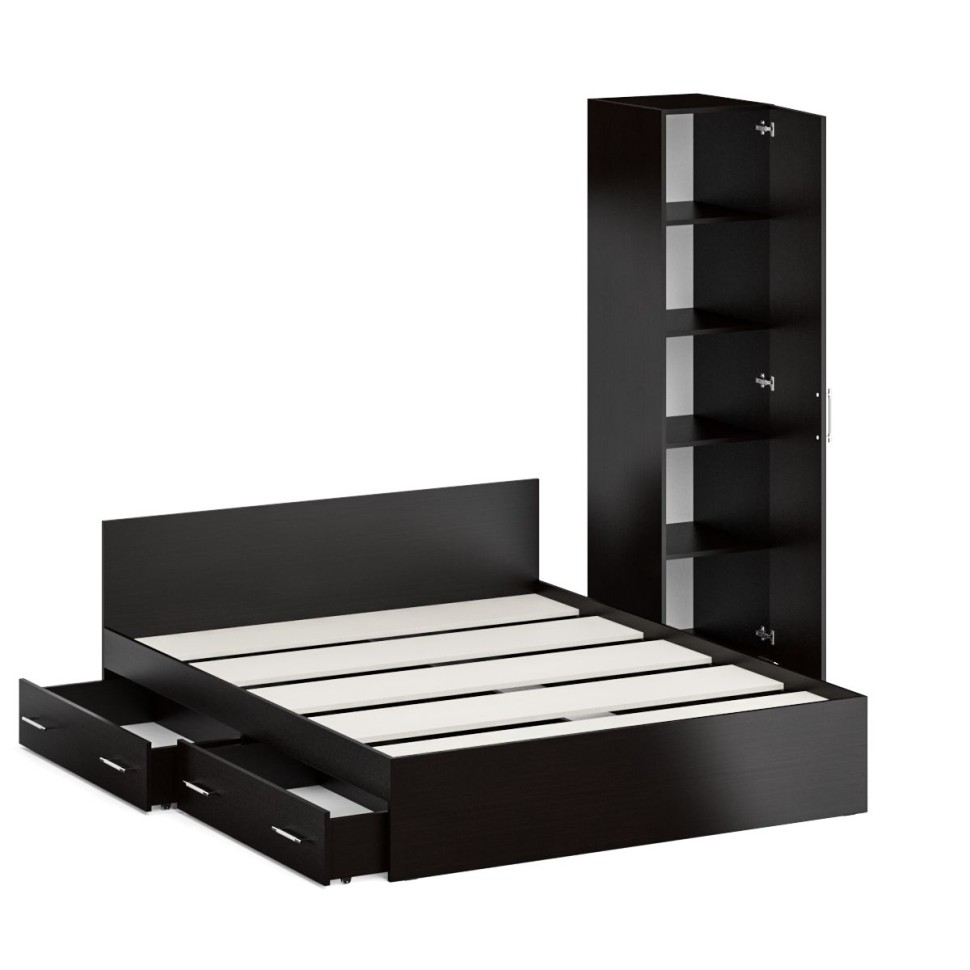 Кровать с ящиками 1600 + Пенал Стандарт, цвет венге, ШхГхВ 163,5х203,5х70 + 45х52х200 см., сп.м. 1600х2000 мм., без матраса, основание есть