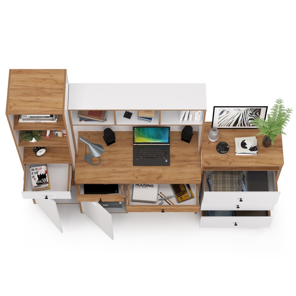 Вуди Компоновка № 50, цвет белый премиум/дуб крафт золотой, ШхГхВ 225х52,7х180,3 см., универсальная сборка