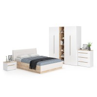 Муссон Спальня № 05, цвет белый/дуб эндгрейн элегантный/искусственная кожа белая, подъёмный ортопед, сп. м. 1600х2000 мм., б/м