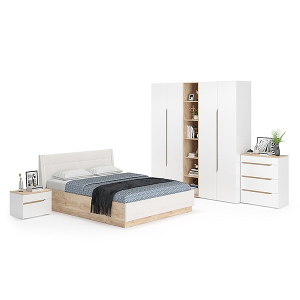 Муссон Спальня № 05, цвет белый/дуб эндгрейн элегантный/искусственная кожа белая, подъёмный ортопед, сп. м. 1600х2000 мм., б/м