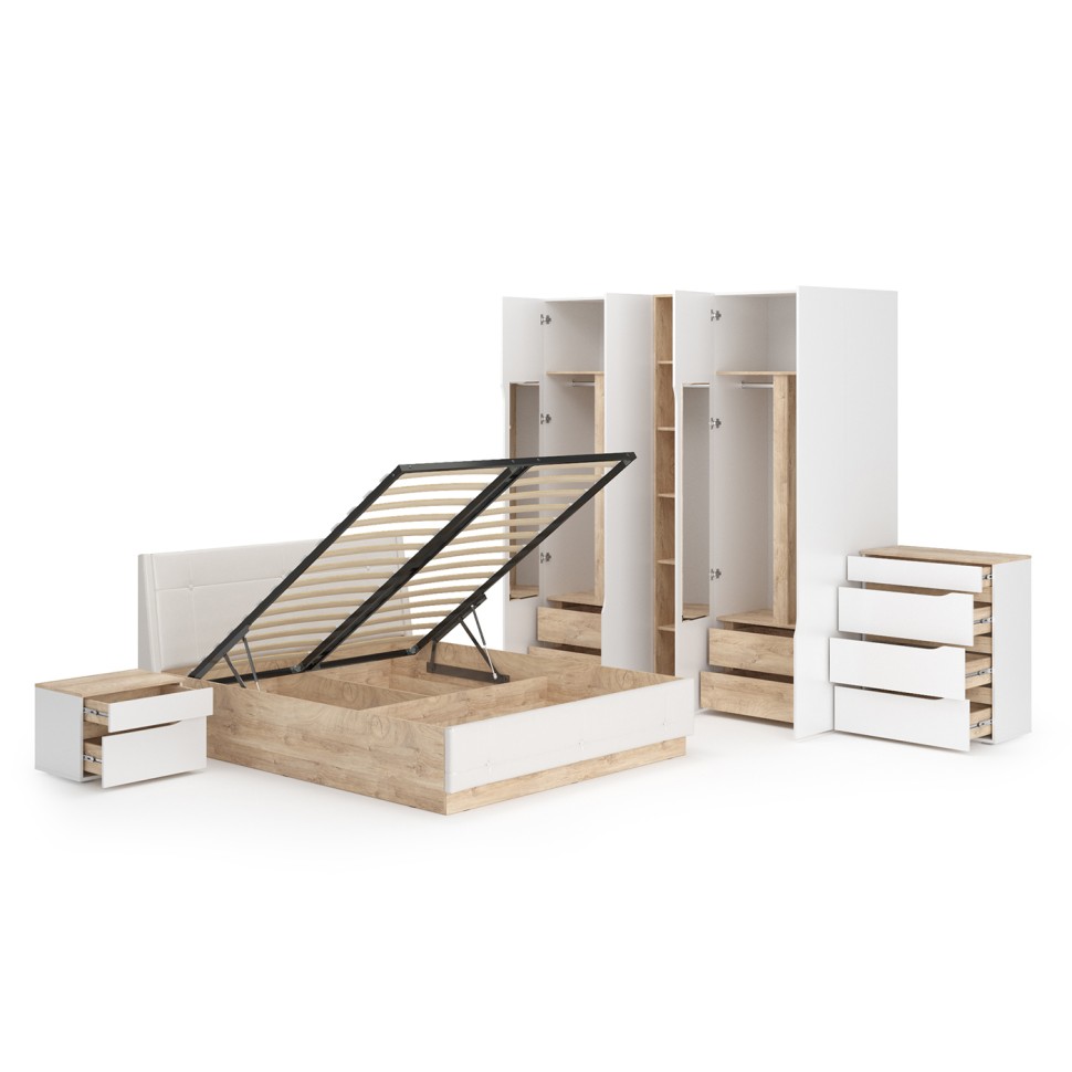 Муссон Спальня № 05, цвет белый/дуб эндгрейн элегантный/искусственная кожа белая, подъёмный ортопед, сп. м. 1600х2000 мм., б/м