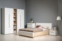 Муссон Спальня № 05, цвет белый/дуб эндгрейн элегантный/искусственная кожа белая, подъёмный ортопед, сп. м. 1600х2000 мм., б/м