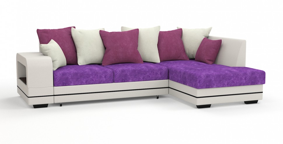Диван угловой Дубай Люкс экокожа белый + велюр фиолетовый/розовый/белый