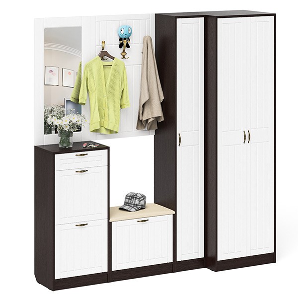 Прихожая П-6 Компоновка № 31, цвет венге/фасады МДФ белое дерево фрезеровка прованс, ШхГхВ 200х50х210 см., универсальная сборка