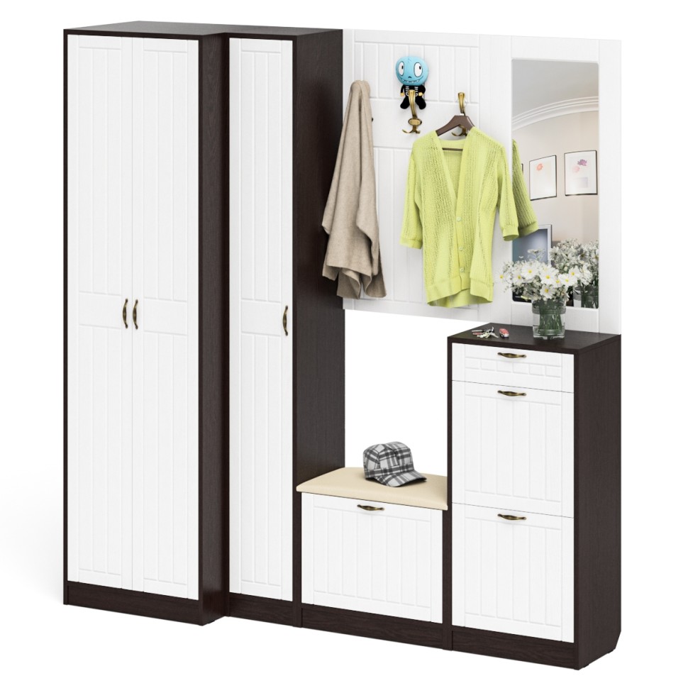 Прихожая П-6 Компоновка № 31, цвет венге/фасады МДФ белое дерево фрезеровка прованс, ШхГхВ 200х50х210 см., универсальная сборка