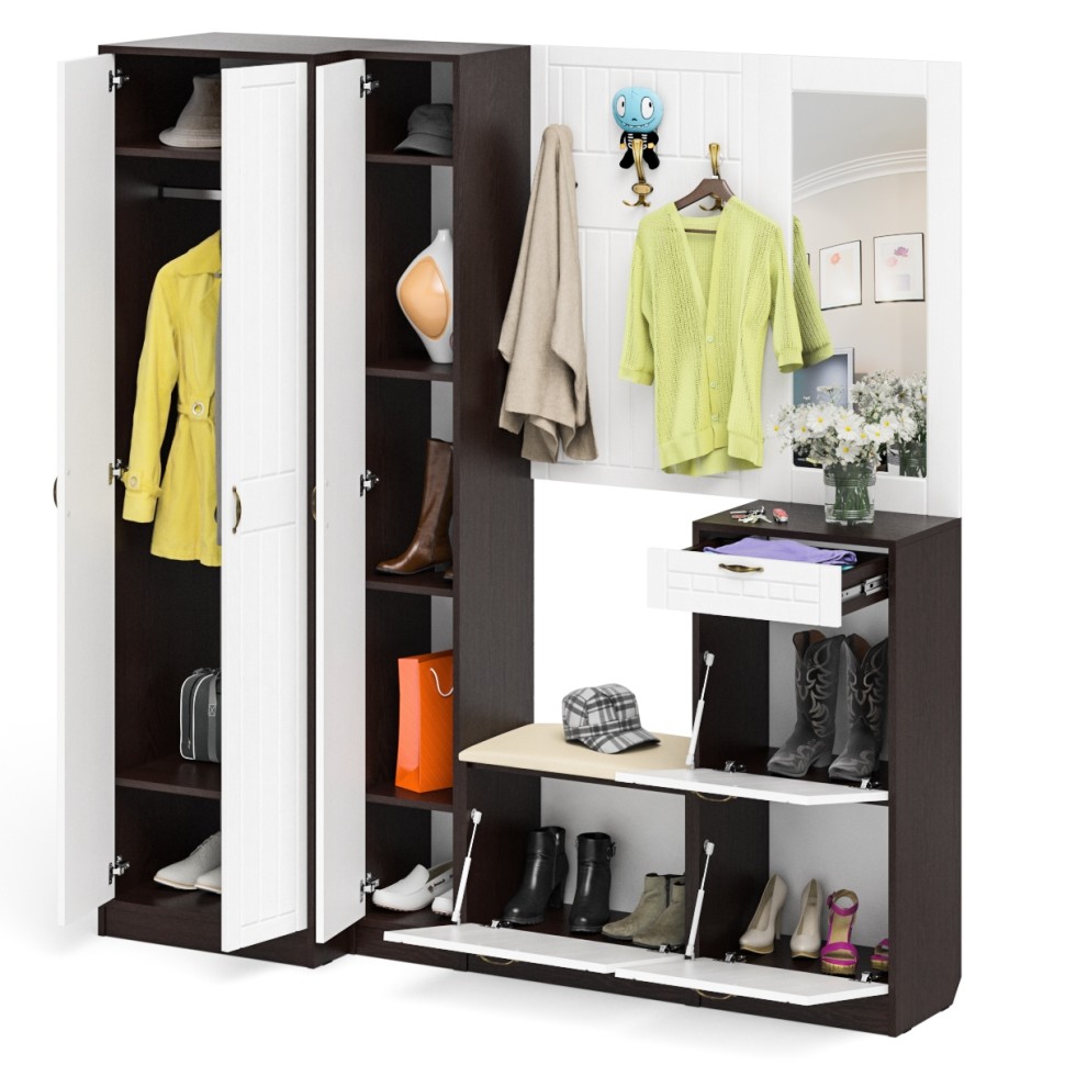 Прихожая П-6 Компоновка № 31, цвет венге/фасады МДФ белое дерево фрезеровка прованс, ШхГхВ 200х50х210 см., универсальная сборка