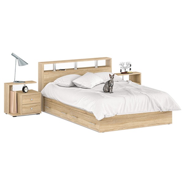Камелия Кровать с ящиками 1400 + две тумбы, цвет дуб сонома, ШхГхВ 256х217х78,2 см., сп.м. 1400х2000 мм., без матраса, основание есть