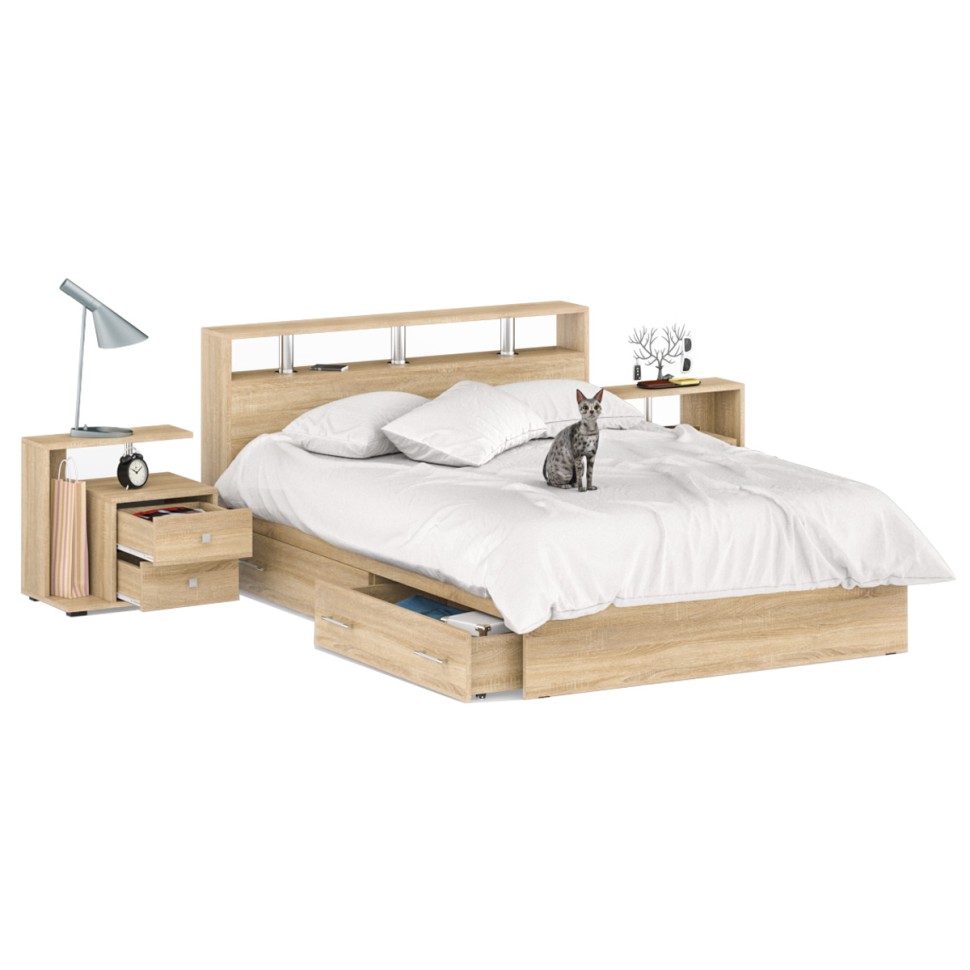Камелия Кровать с ящиками 1400 + две тумбы, цвет дуб сонома, ШхГхВ 256х217х78,2 см., сп.м. 1400х2000 мм., без матраса, основание есть