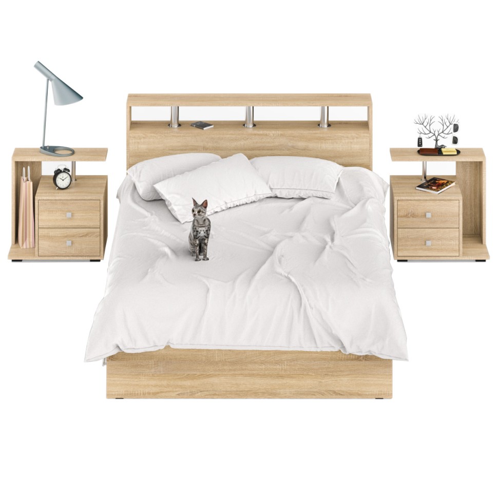 Камелия Кровать с ящиками 1400 + две тумбы, цвет дуб сонома, ШхГхВ 256х217х78,2 см., сп.м. 1400х2000 мм., без матраса, основание есть