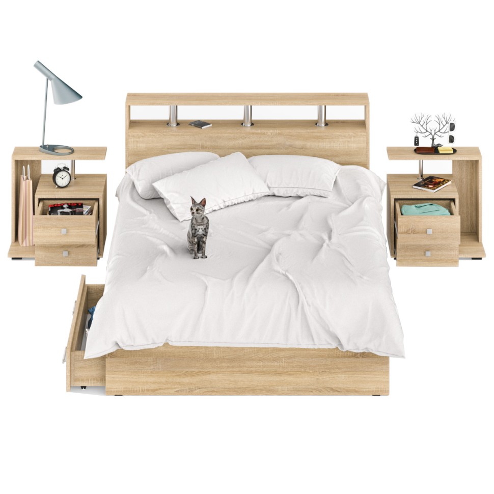 Камелия Кровать с ящиками 1400 + две тумбы, цвет дуб сонома, ШхГхВ 256х217х78,2 см., сп.м. 1400х2000 мм., без матраса, основание есть