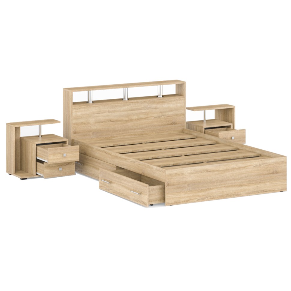Камелия Кровать с ящиками 1400 + две тумбы, цвет дуб сонома, ШхГхВ 256х217х78,2 см., сп.м. 1400х2000 мм., без матраса, основание есть