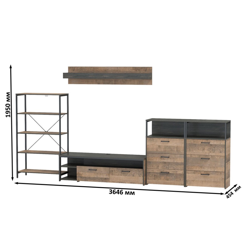 Трувор Гостиная 097, цвет дуб гранж песочный/интра, ШхГхВ 364,6х45,4х195 см., универсальная сборка