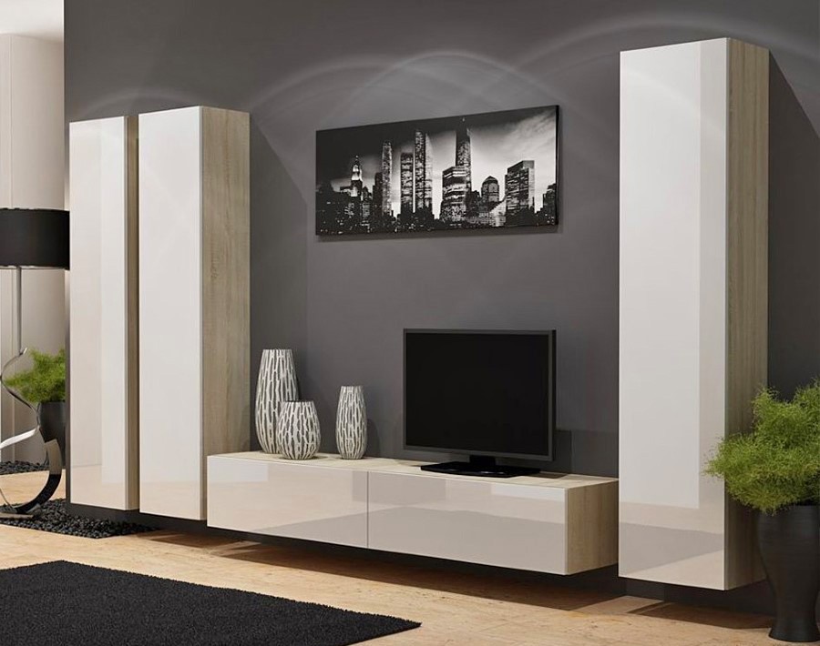 Гостиная Виго 1 Белый Фасадный 0101 / Дуб Сонома 3025