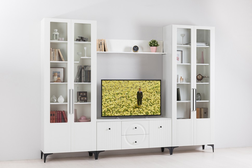 Валенсия Гостиная 16.481 Полка, цвет ЛДСП белый шагрень/МДФ белый шагрень, ШхГхВ 133х22,2х23,8 см.