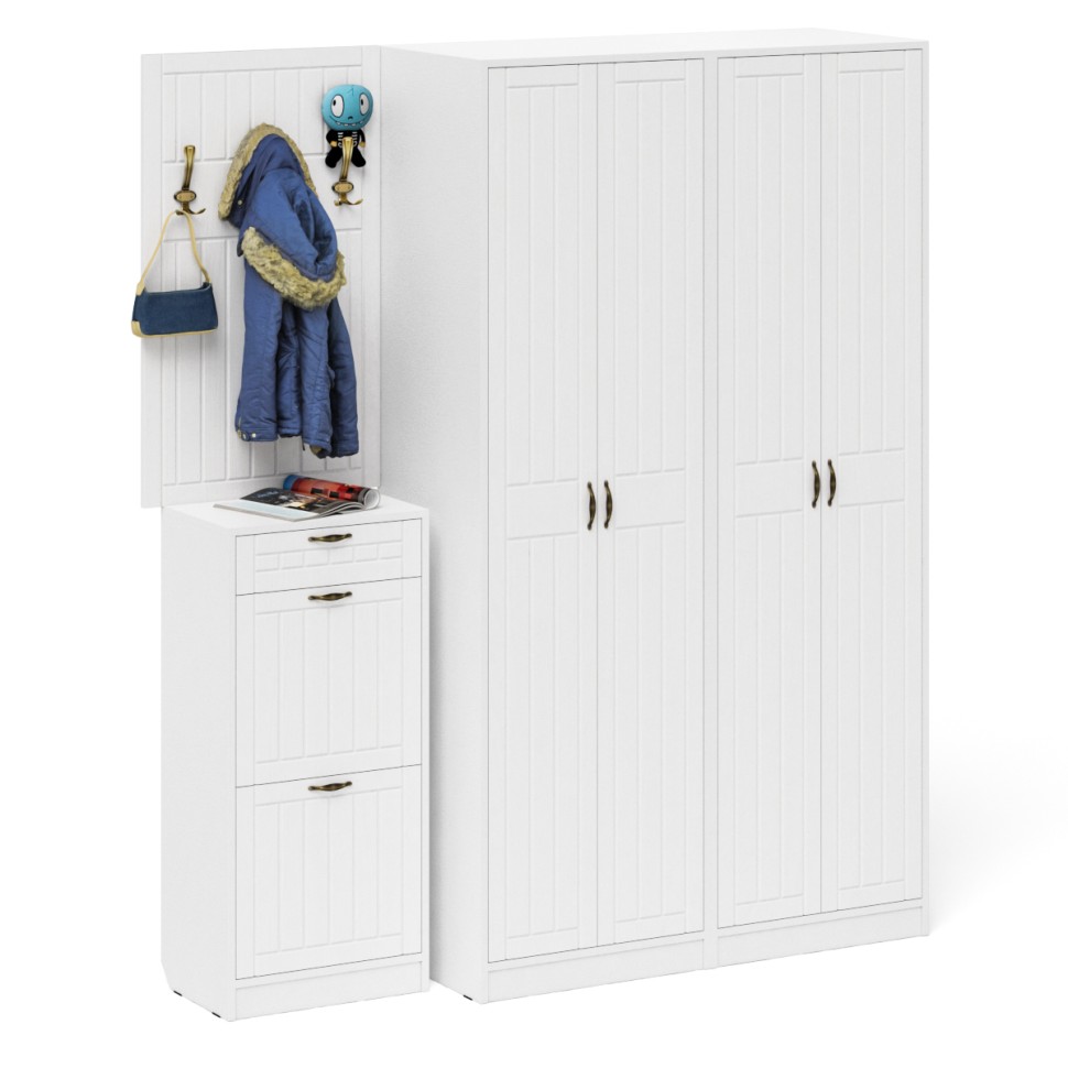 Прихожая П-6 Компоновка № 15, цвет белая шагрень/фасады МДФ белое дерево фрезеровка прованс, ШхГхВ 180х50х210 см., универсальная сборка