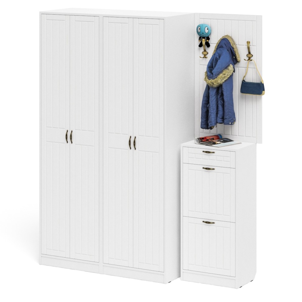 Прихожая П-6 Компоновка № 15, цвет белая шагрень/фасады МДФ белое дерево фрезеровка прованс, ШхГхВ 180х50х210 см., универсальная сборка