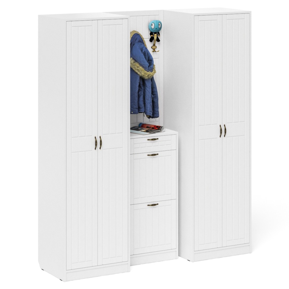 Прихожая П-6 Компоновка № 15, цвет белая шагрень/фасады МДФ белое дерево фрезеровка прованс, ШхГхВ 180х50х210 см., универсальная сборка