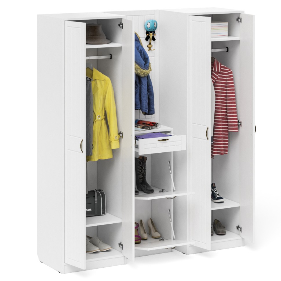 Прихожая П-6 Компоновка № 15, цвет белая шагрень/фасады МДФ белое дерево фрезеровка прованс, ШхГхВ 180х50х210 см., универсальная сборка