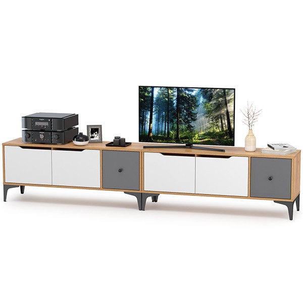 СНЯТО Тумба под ТВ Вайс 13.270.01 + 13.270.01, цвет корпус: дуб золотой/фасады: тёмно-серый/МДФ милк софт, ШхГхВ 248х38х50,6 см., универсальная сборка