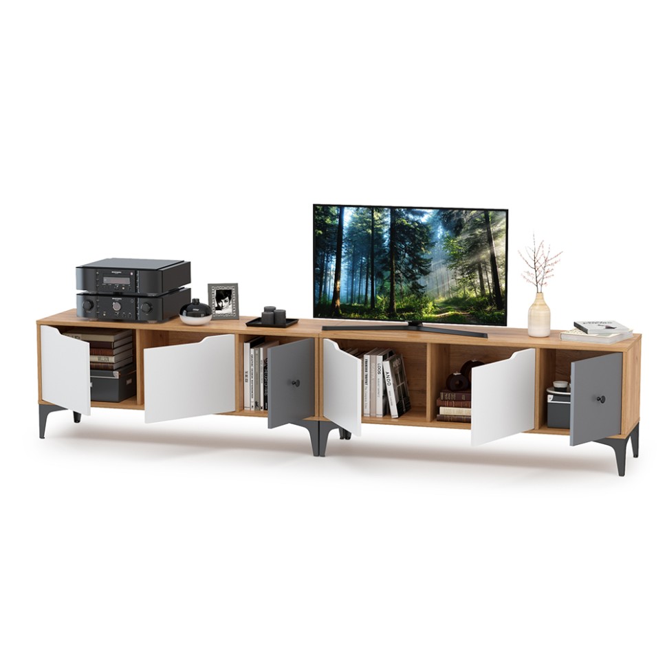 СНЯТО Тумба под ТВ Вайс 13.270.01 + 13.270.01, цвет корпус: дуб золотой/фасады: тёмно-серый/МДФ милк софт, ШхГхВ 248х38х50,6 см., универсальная сборка