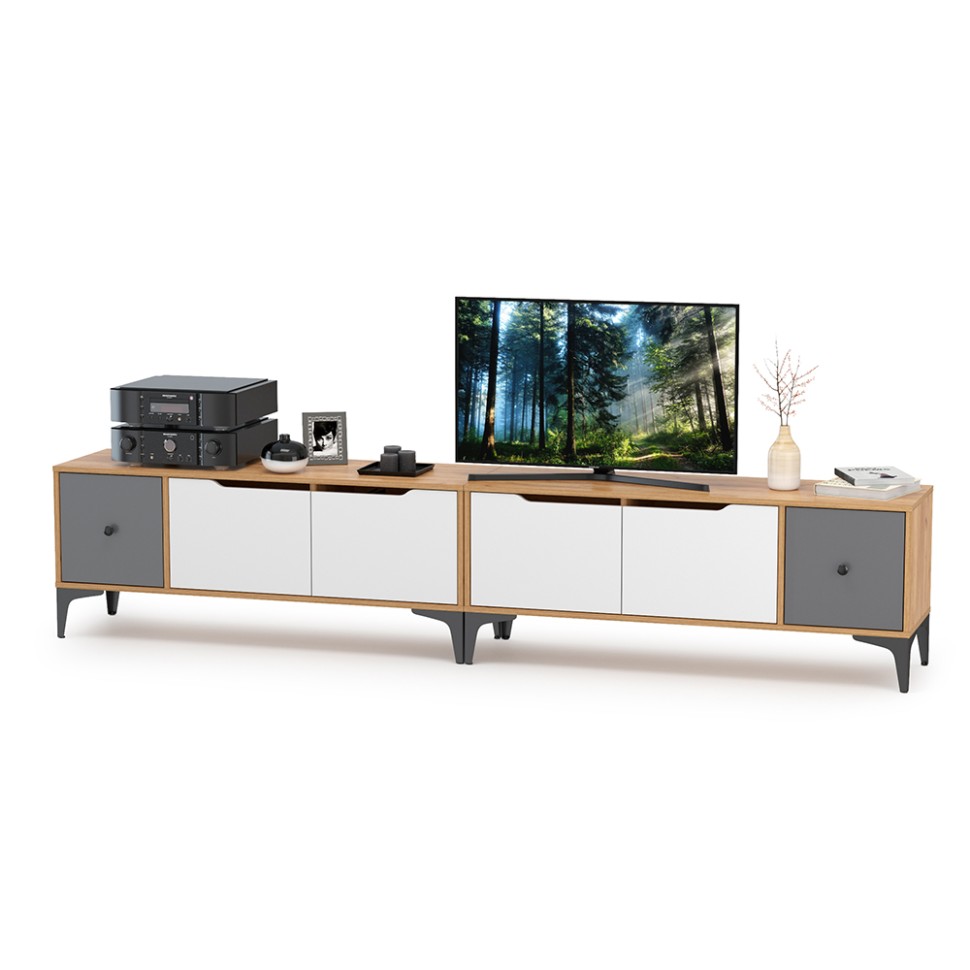 СНЯТО Тумба под ТВ Вайс 13.270.01 + 13.270.01, цвет корпус: дуб золотой/фасады: тёмно-серый/МДФ милк софт, ШхГхВ 248х38х50,6 см., универсальная сборка