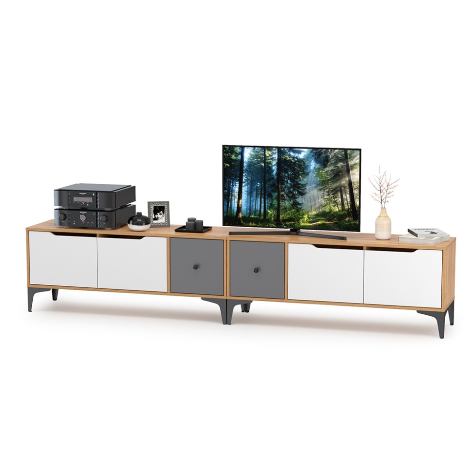 СНЯТО Тумба под ТВ Вайс 13.270.01 + 13.270.01, цвет корпус: дуб золотой/фасады: тёмно-серый/МДФ милк софт, ШхГхВ 248х38х50,6 см., универсальная сборка