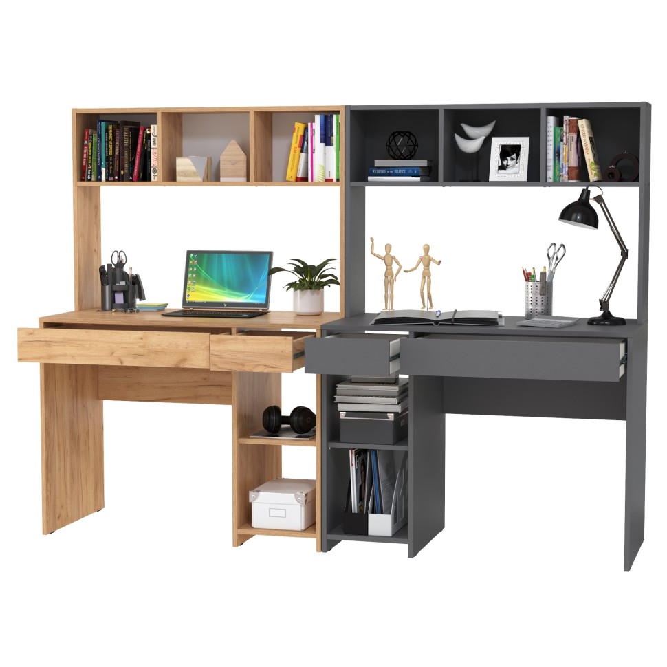 Стол компьютерный Комфорт 12.77F + Стол компьютерный Комфорт 12.77F, цвет дуб крафт золотой/тёмно-серый, ШхГхВ 200х49,8х147 см., универсальная сборка