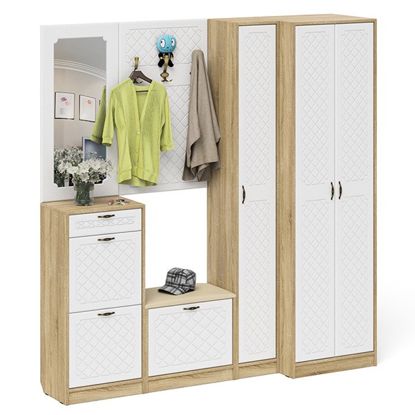 Прихожая П-6 Компоновка № 31, цвет дуб сонома/фасады МДФ белое дерево фрезеровка ромб, ШхГхВ 200х50х210 см., универсальная сборка