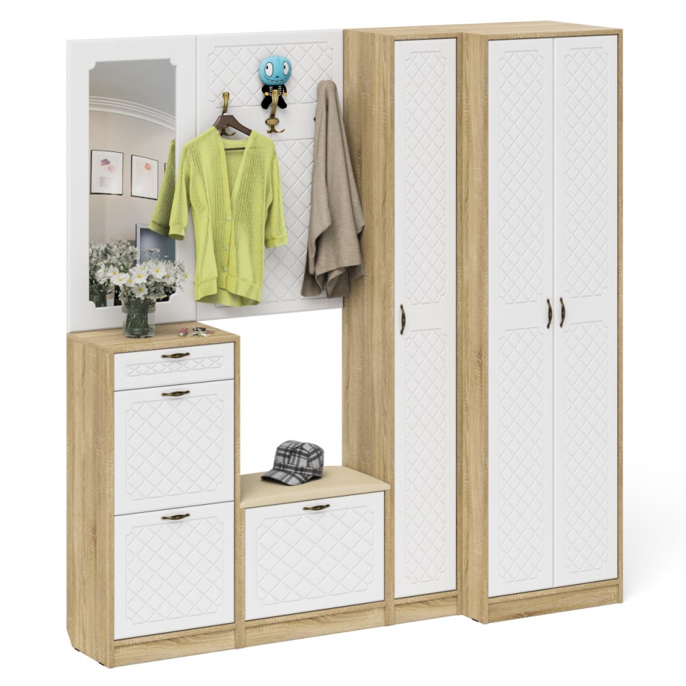 Прихожая П-6 Компоновка № 31, цвет дуб сонома/фасады МДФ белое дерево фрезеровка ромб, ШхГхВ 200х50х210 см., универсальная сборка