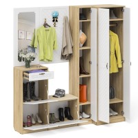 Прихожая П-6 Компоновка № 31, цвет дуб сонома/фасады МДФ белое дерево фрезеровка ромб, ШхГхВ 200х50х210 см., универсальная сборка