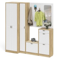 Прихожая П-6 Компоновка № 31, цвет дуб сонома/фасады МДФ белое дерево фрезеровка ромб, ШхГхВ 200х50х210 см., универсальная сборка