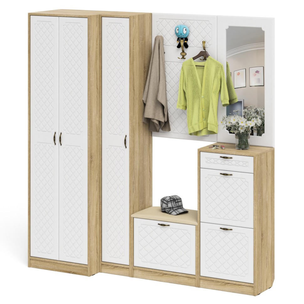 Прихожая П-6 Компоновка № 31, цвет дуб сонома/фасады МДФ белое дерево фрезеровка ромб, ШхГхВ 200х50х210 см., универсальная сборка