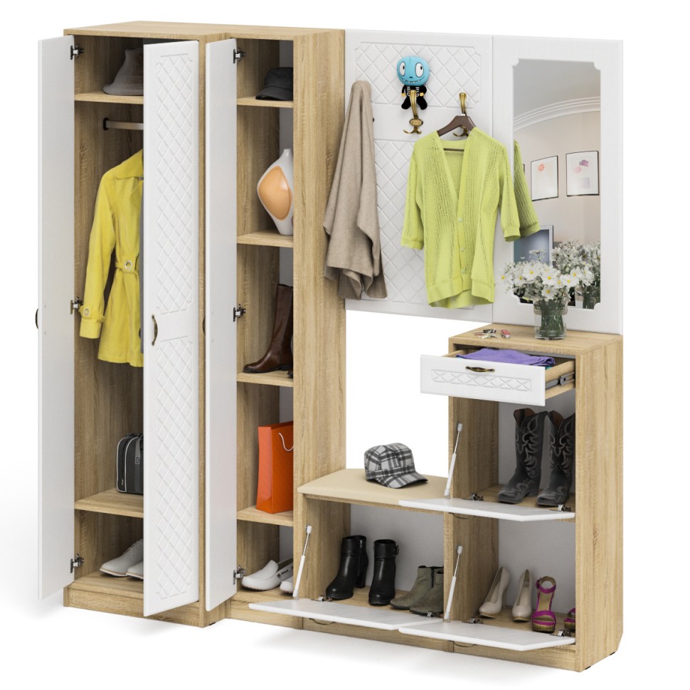 Прихожая П-6 Компоновка № 31, цвет дуб сонома/фасады МДФ белое дерево фрезеровка ромб, ШхГхВ 200х50х210 см., универсальная сборка