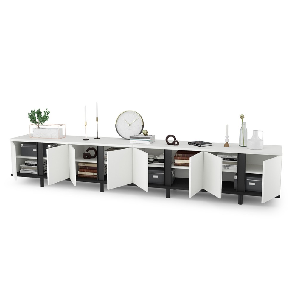 Тумба под ТВ Квадро 13.276 + 13.276, цвет белый шагрень(ЛДСП 16 мм. и 22 мм.)/чёрный(ЛДСП 22 мм.), ШхГхВ 272х40х50 см.