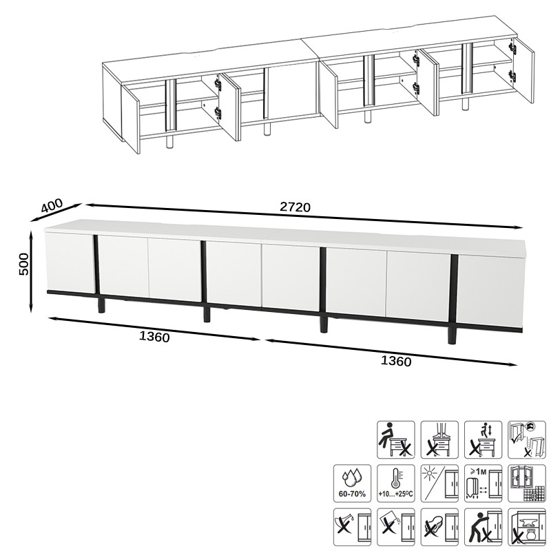 Тумба под ТВ Квадро 13.276 + 13.276, цвет белый шагрень(ЛДСП 16 мм. и 22 мм.)/чёрный(ЛДСП 22 мм.), ШхГхВ 272х40х50 см.
