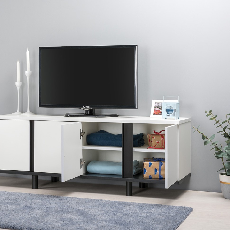 Тумба под ТВ Квадро 13.276 + 13.276, цвет белый шагрень(ЛДСП 16 мм. и 22 мм.)/чёрный(ЛДСП 22 мм.), ШхГхВ 272х40х50 см.