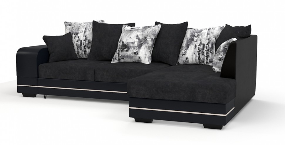 Диван угловой Дубай Люкс экокожа черный + велюр черный + город - купить ...