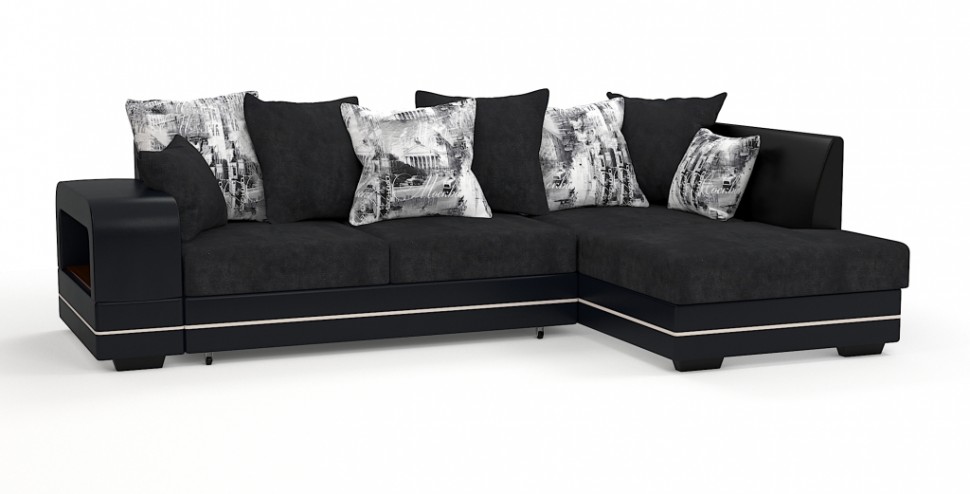 Диван угловой Дубай Люкс экокожа черный + велюр черный + город
