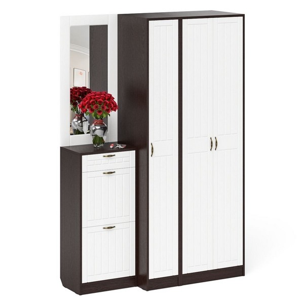 Прихожая П-6 Компоновка № 49, цвет венге/фасады МДФ белое дерево фрезеровка прованс, ШхГхВ 140х50х210 см., универсальная сборка