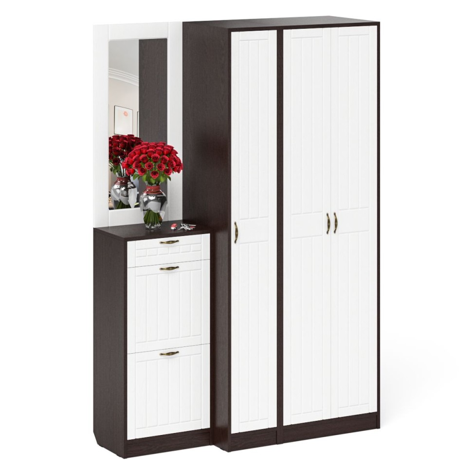 Прихожая П-6 Компоновка № 49, цвет венге/фасады МДФ белое дерево фрезеровка прованс, ШхГхВ 140х50х210 см., универсальная сборка
