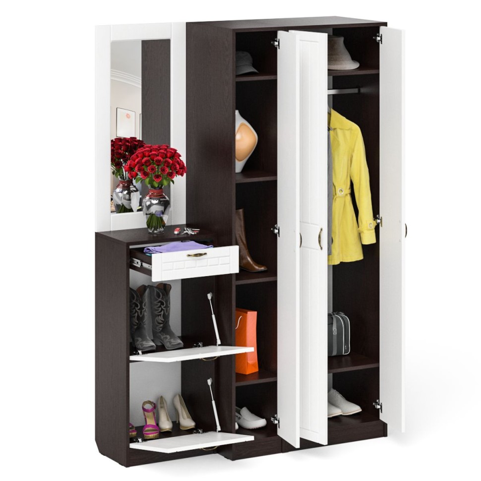 Прихожая П-6 Компоновка № 49, цвет венге/фасады МДФ белое дерево фрезеровка прованс, ШхГхВ 140х50х210 см., универсальная сборка