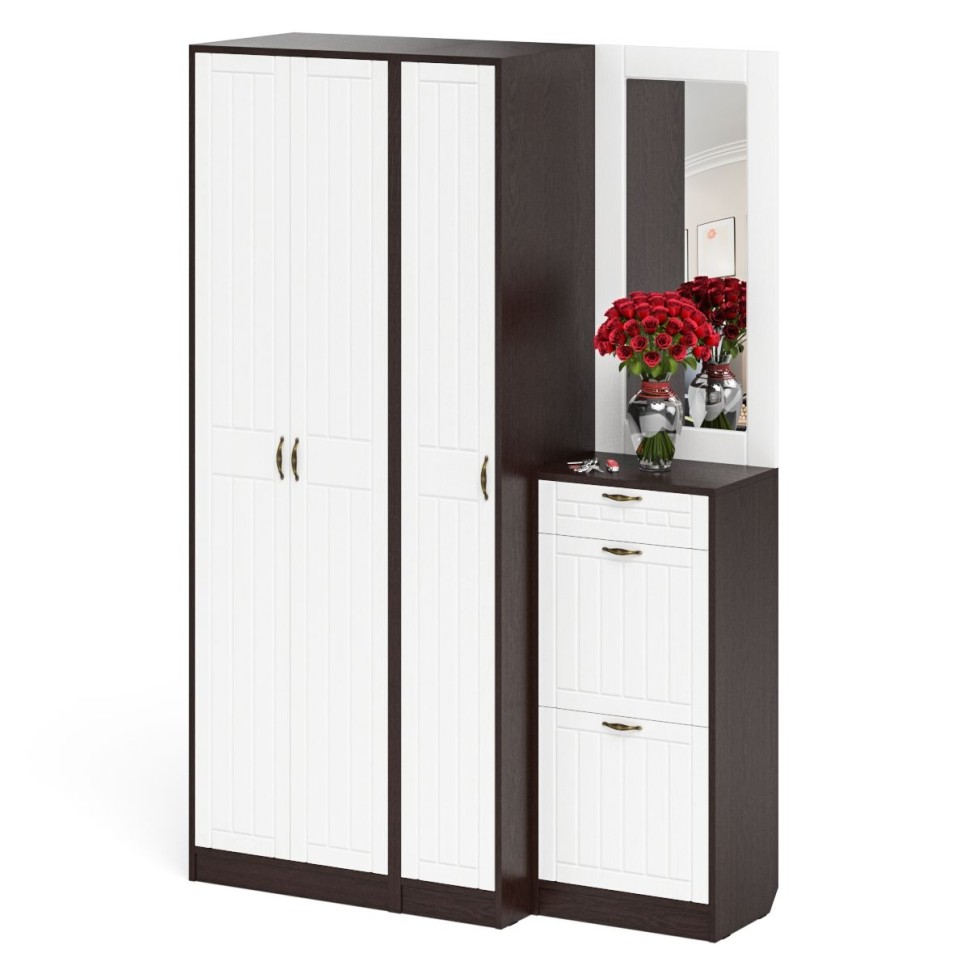 Прихожая П-6 Компоновка № 49, цвет венге/фасады МДФ белое дерево фрезеровка прованс, ШхГхВ 140х50х210 см., универсальная сборка