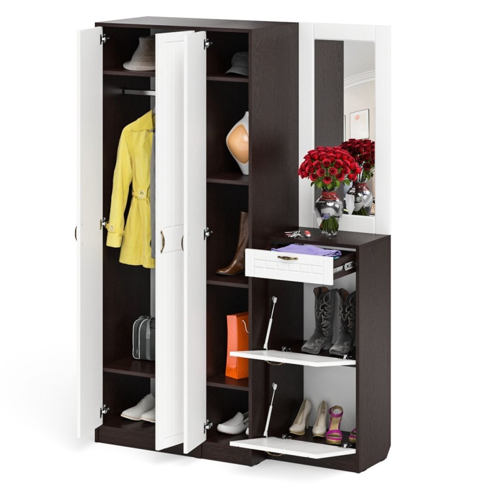 Прихожая П-6 Компоновка № 49, цвет венге/фасады МДФ белое дерево фрезеровка прованс, ШхГхВ 140х50х210 см., универсальная сборка
